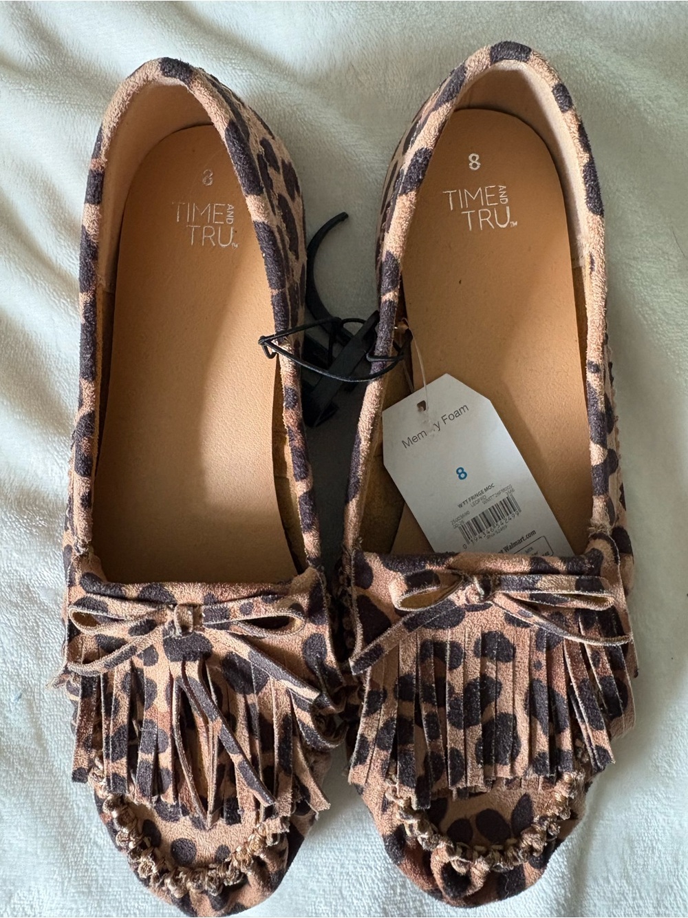 Time and Tru Leopard Print Fringe Moccasins - Tan and Black